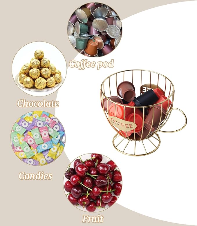 Metal Coffee Pod Holder Wire Coffee Pods Storage Basket Espresso Capsule Storage for Home Kitchen Cafe Hotel (Gold cup)