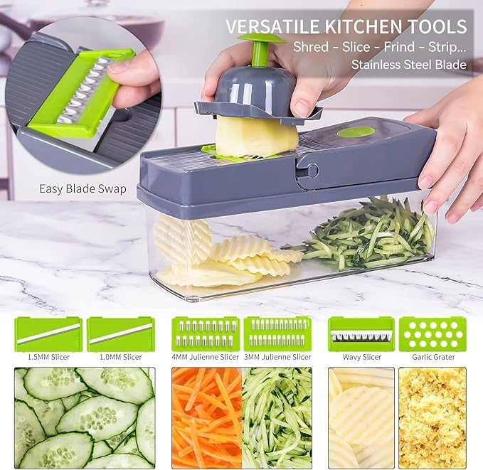 16 in 1 Vegetable Chopper and Food Chopper with Container, Onion Slicer Cutter Dicer, Veggie Cutter with 7 Blades for Carrot Salad Garlic Potato (Design 2)