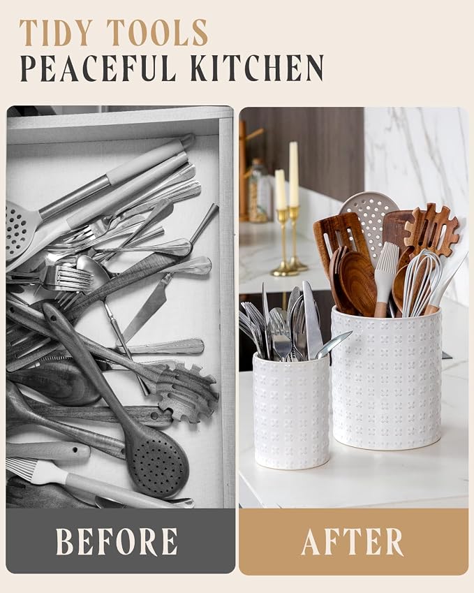Nucookery Utensil Holder for Kitchen Counter, White Large Stable Ceramic Cooking Utensil Crock for Countertop Organizer, Farmhouse Decor, Set of 2, 7.1"&5.4", Christmas Thanksgiving Gift, X-Texture