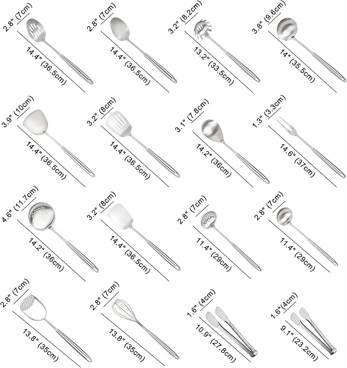 304 Stainless Steel Cooking Utensils Set, 16PCS Stainless Steel Kitchen Utensils Set, Metal Kitchen Utensils Set Include Meat Fork, Tongs, Turner, Soup Ladle, Dishwasher Safe