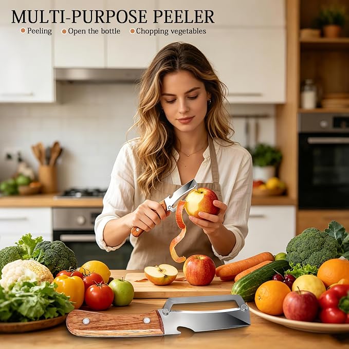 2pcs 2 In 1 Multi-Functional Vegetable Peeler With Bottle Opener, Stainless Steel Kitchen Tool With Wooden Handle, Premium Vegetable Peeler Suitable For Potatoes, Apples, Pineapples, Mangoes Cucumber
