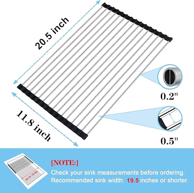 Seropy Roll Up Dish Drying Rack Over the Sink Drying Rack for Kitchen Counter, Rolling Dish Rack Over Sink Mat, Foldable Dish Drainer Stainless Steel Rack Kitchen Organization Gadgets 20.5"x11.8"