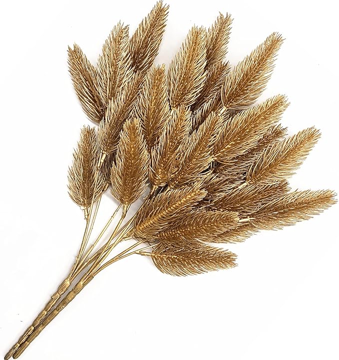 CATTREE Artificial Gold Leaves Plants Plastic Fake Grass Faux Shrubs Simulation Bushes Home Indoor Outdoor Garden Leaf Wedding Festival Decoration Hall Table Planter Filler – Golden Pinecone 2 Pack