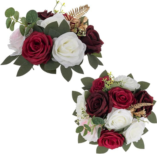BLOSMON Artificial Flowers Ball Wedding Centerpieces 2 Pcs Burgundy Rose Artificial Flower Center Pieces Decoration for Table Silk Kissing Ball Faux Floral Bouquet Arrangements Home Party DIY Decor