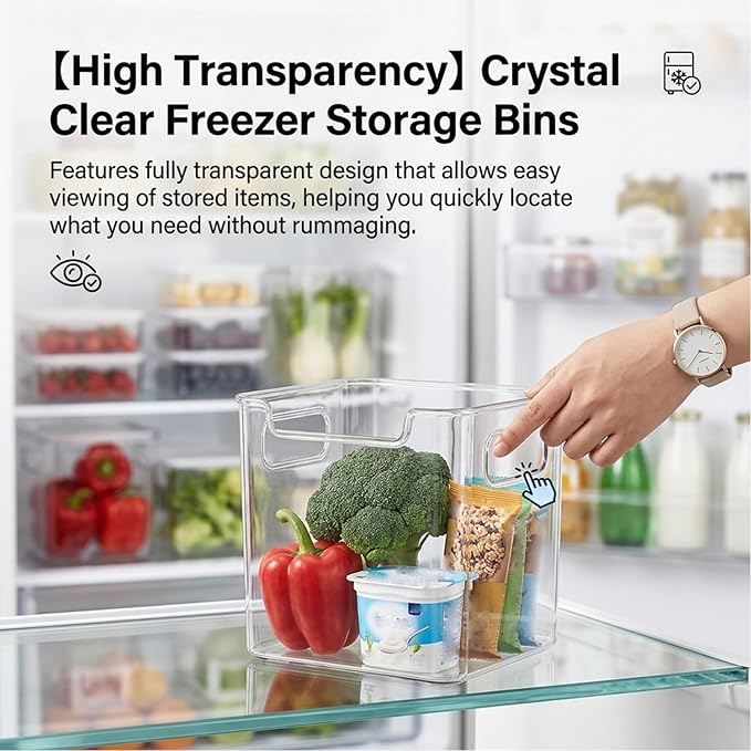 Crystal Clear Freezer Storage Bins, Stackable Freezer Organizer Bins with Handles, Sturdy and Durable, for Fridge, Pantry & Kitchen Cabinets (White,8Pcs-L)