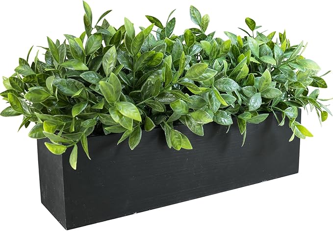 Winlyn 14" Artificial Boxwood Plant Greenery Arrangement Faux Boxwood in Black Rectangular Wooden Planter Potted Herb Plant for Farmhouse Home Decor Wedding Windowsill Mantel Shelf Table Centerpiece