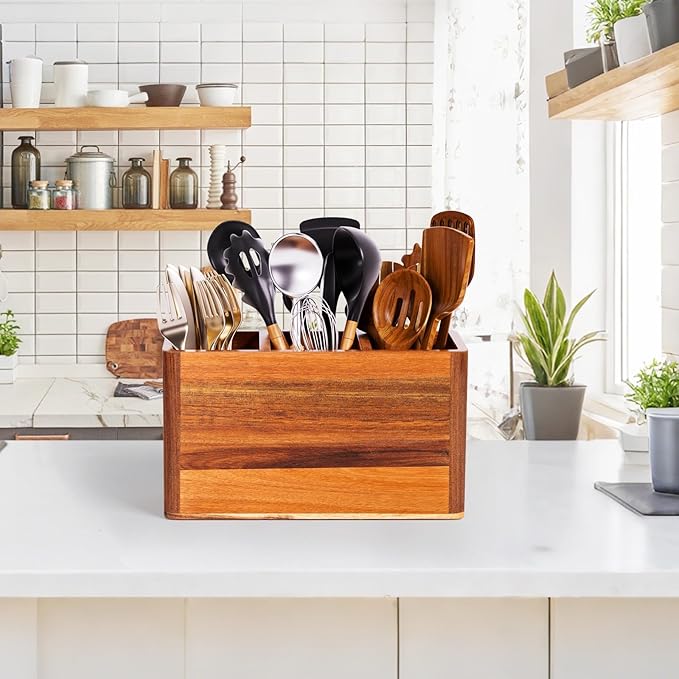 Wooden Utensil Holder for Kitchen Counter or Wall, Large Utensil Holder with 3 Compartment, Acacia Wood Kitchen Utensil Organizer for Storage Spoons & Spatulas, Fall Farmhouse Utensil Crock Container