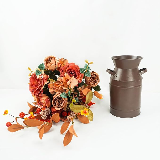 Krissing Artificial Fall Flowers with Metal Pot Faux Autumn Hydrangea Silk Flowers Bouquets with Fall Floral Stems Fall Flowers Arrangements for Table Centerpieces Vase Mantle Home Fall Decor