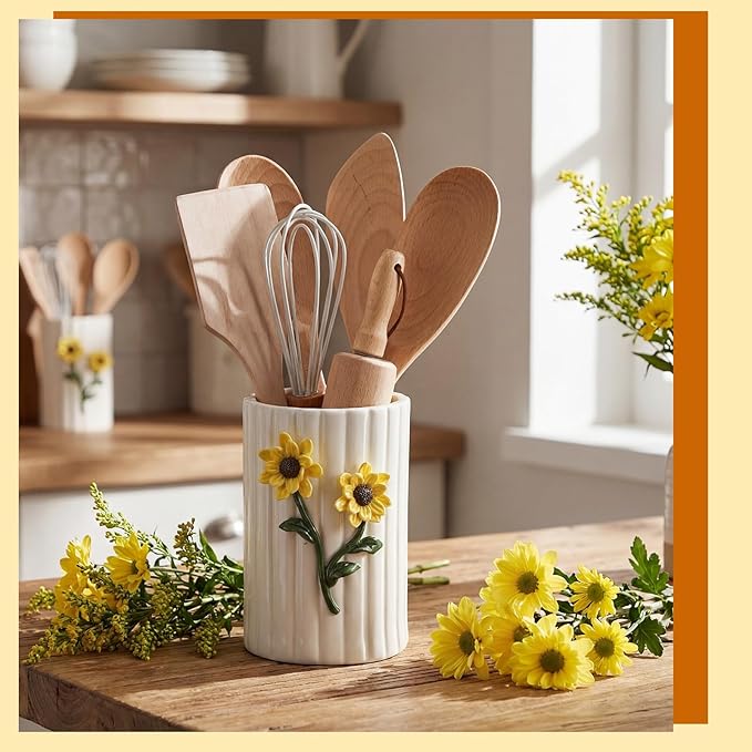 LemonRoad Ceramic Utensil Holder - 3D Sunflower Kitchen Decor, Countertop Cooking Tool Storage Crock for Spatulas, Whisks, Vase Decor Pen Holder Graduation Gift for College Students Storage Caddy