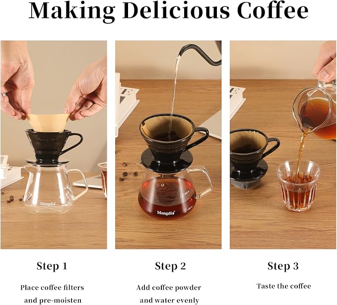 Mongdio Ceramic Pour Over Coffee Dripper, Reusable Porcelain Portable Pour Over Coffee Maker, Slow Brewing Accessories with 1 Holes for Home - Size 02 Black