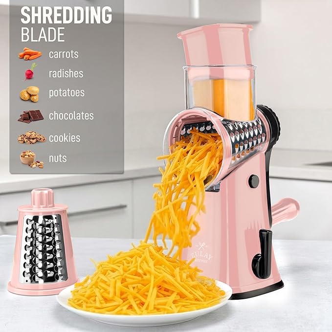 Zulay Kitchen Rotary Cheese Grater 5 Blade Cheese Shredder - Manual Hand Crank Cheese Grater With Reinforced Suction & 5 Interchangeable Drums - Easy to Use, Vegetable Chopper Round Mandoline Slicer