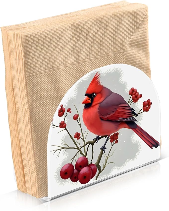 Winter Red Bird Napkin Holder for Tables Paper Cocktail Napkin Holders for Kitchen and Dinning, Acrylic Dinner Napkin Dispenser for Restaurant Home Decor Bar Accessories 1 Pack