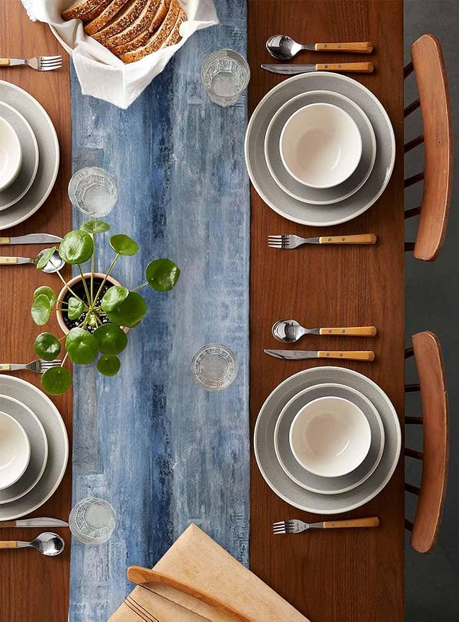Burlap Linen Table Runner - 70 Inch Long, Retro Rustic Art Abstract Modern Decor Kitchen Dining Table Runner Dresser Scarves, Blue Ombre Painting Farmhouse Decor for Coffee Table Wedding Party Banquet