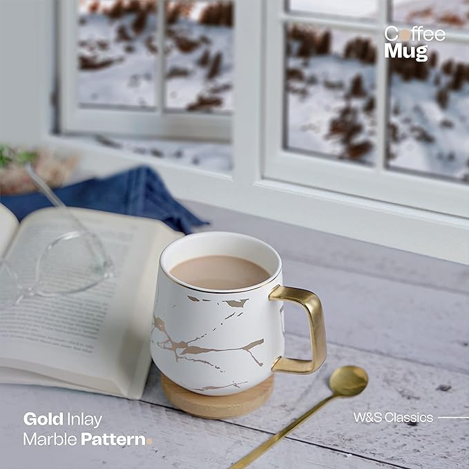 Classic Ceramic Kintsugi Style White Coffee Tea Mug with Gold Inlay, Spoon and Bamboo Lid- 12 OZ, Large Mugs for Men and Women, Unique Design, Perfect Novelty Gift- Dishwasher Safe
