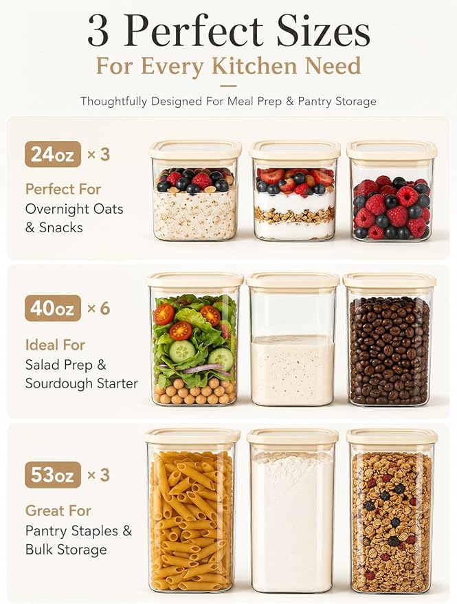 12pcs Square Glass Pantry Storage Containers Set with Glass Lids 0.76Qt/1.22Qt/1.67Qt - Airtight Stackable Kitchen Canisters Sets | 24floz / 40floz / 53floz Glass Pantry Storage Jars