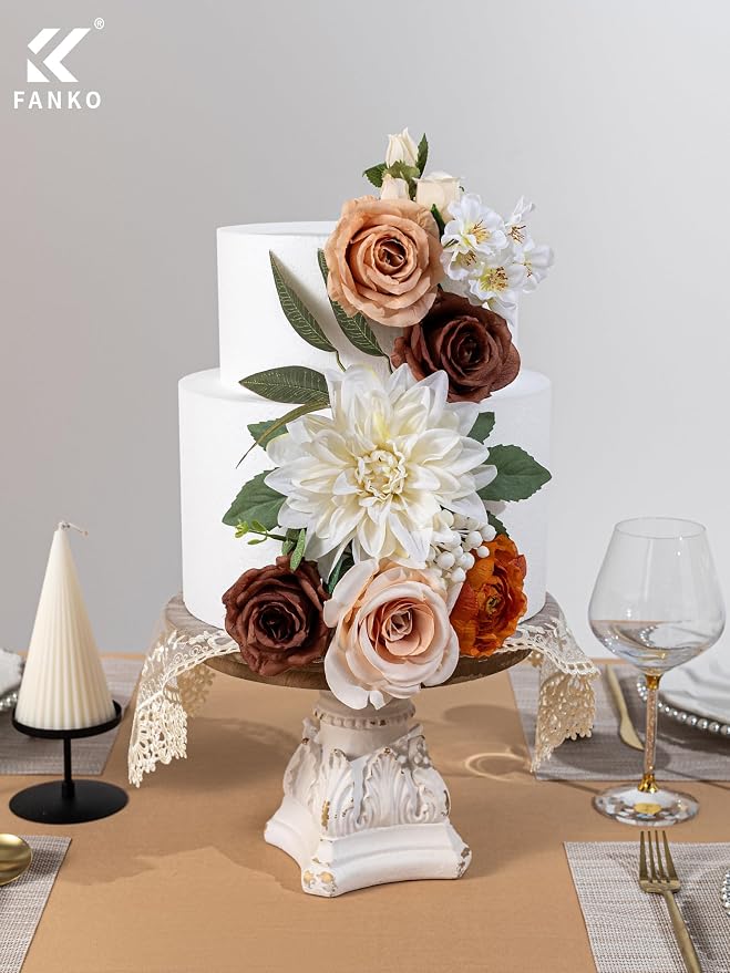 FANKO Artificial Flowers for DIY, Brown Burnt Orange White Faux Flowers Bouquet, Colorful Fake Rose Dahlia Ranunculus Silk Flowers for Vase, Home Decor, Garland, Summer Wedding, Birthday, Party