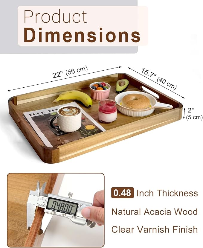 22 inches Acacia Wood Ottoman Serving Tray with Handles & Rounded Corners | Large Rectangular Decorative Wooden Tray for Living Room Kitchen Coffee Table Couch Bed