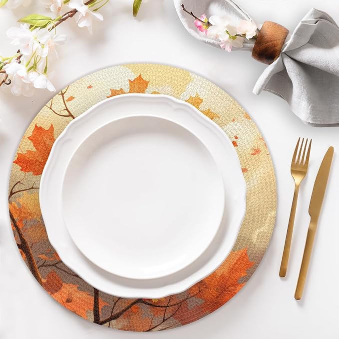 Round Placemats Set of 4, Fall Maple Leaves Branches Woven Placemats Mats Non-Slip Heat Resistant Washable Table Mats Round Braided Place for Farmhouse Kitchen Dining Party Decor 15in