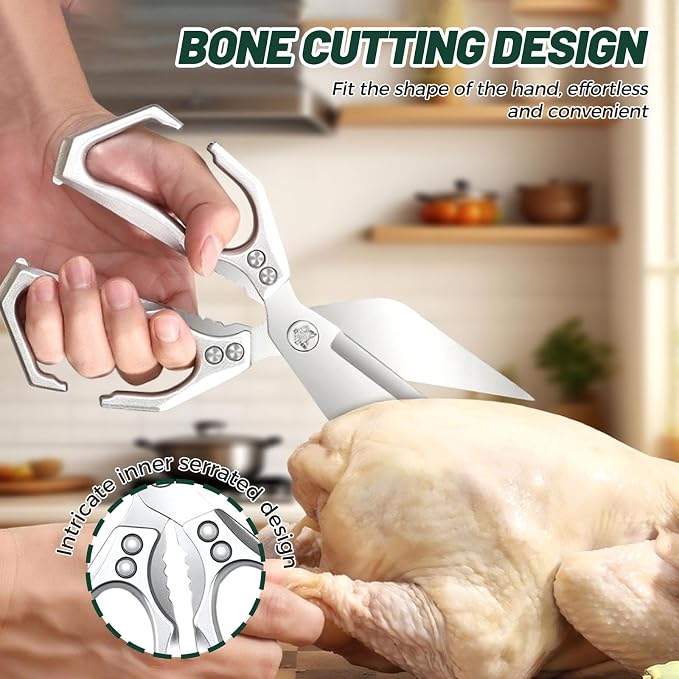 Multifunctional Heavy-Duty Kitchen Shears, Stainless Steel Kitchen Scissors for Food, Poultry Shears, Poultry, Meat, Seafood, Bone Cutting, Dishwasher Safe Ergonomic Handle (Sliver)
