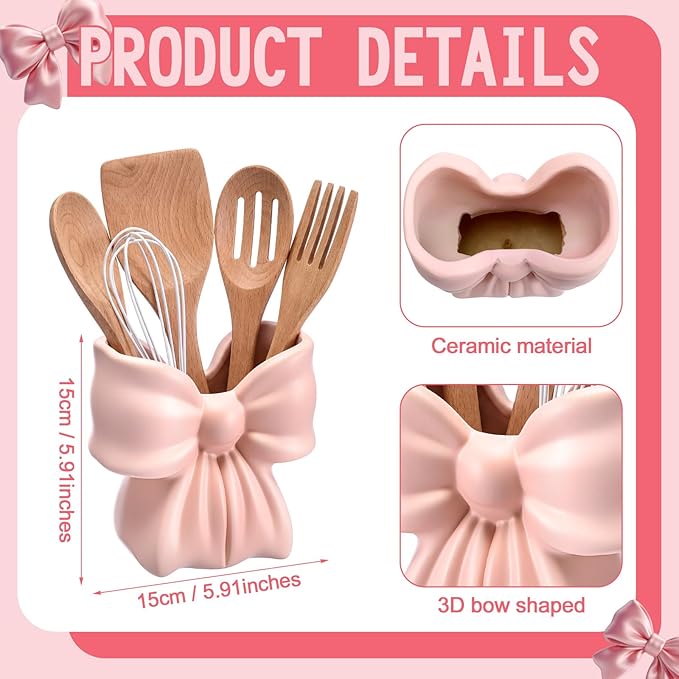 Hushee Pink Bow Ceramic Utensil Holder Cute 3D Coquette Utensil Crock 5.9" Modern Kitchen Counter Organizer Decorative Flower Vase for Home Decor Housewarming Gift