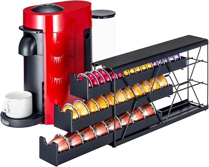 FlagShip 3-Tier Nespresso Pod Holder & Vertuo Coffee Capsule Organizer - Black Metal Space-Saving Storage Holds 30+ Pods Fits All Size Vertuo Pod