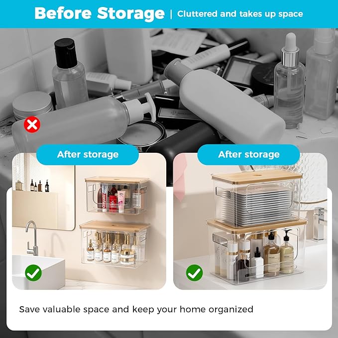 Trash Bag Holder Dispenser with Bamboo Lid, 2 Pack Clear Stackable Plastic Grocery Bag Holder for Home Kitchen Pantry Countertop, Medium & Large Wall Mounted Storage Bins for Onion Potato Storage