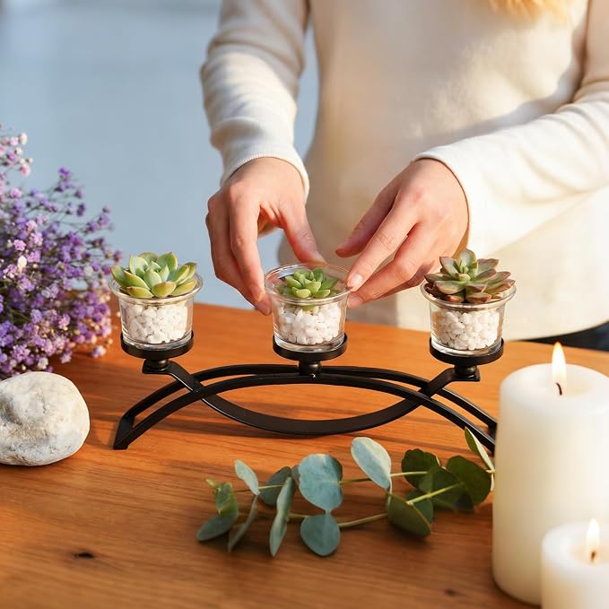 3-Arm Metal Tea Light Candle Holder Set with 5 Glass Cups, Votive Candle Holders Centerpiece Candelabra for Wedding Table Decor, Home Gatherings and Holidays (Black, 3 Cups-2 Pcs)