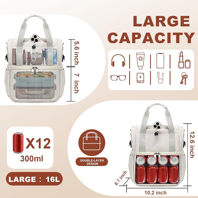 LOIDOU Insulated Lunch Bag for Women Men, Double Layer Leakproof Lunch Box, Quilted Reusable Lunch Tote Bags Large Capacity Work Lunchbox for Adult, Office, Nurse, Teacher