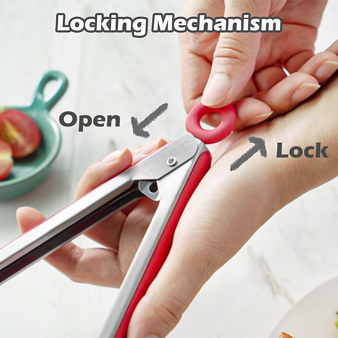 Kitchen Tongs, 9 Inch Tongs for Cooking with Silicone Tips, Food Grade Mini Serving Tong for Nonstick Pans, BBQ, Salad, Set of 3, Red