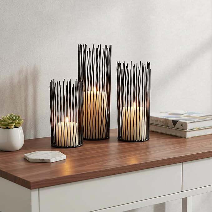 Metal Candle Holders for Pillar Candles - Creative Wire Candle Holder Set of 3 for Fireplace Mantel, Black Candlestick Holders for Table Centerpieces Halloween Christmas Birthday Party Home Decor