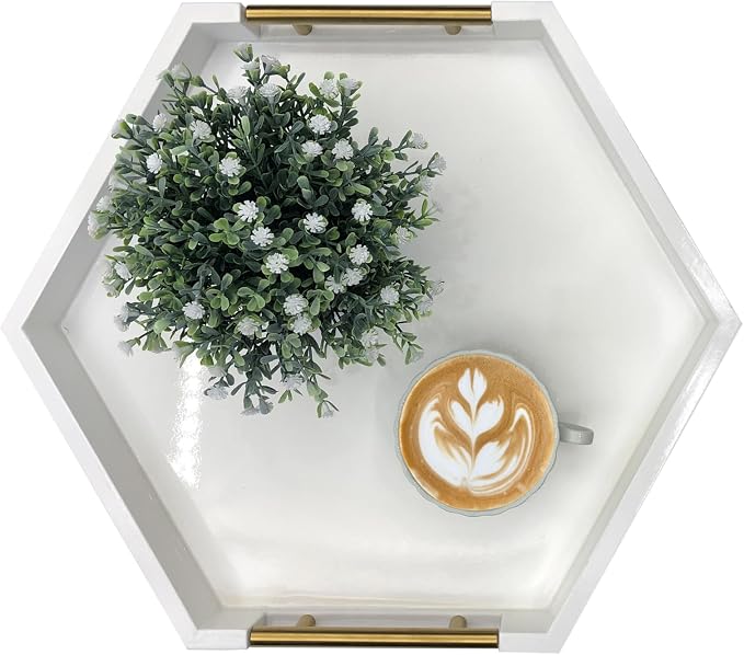 Serving Tray with Polished Metal Handles, Hexagon Coffee Table Tray, Modern Rectangle Decorative Tray, Large Ottoman Tray, Perfect for Storage and Display (White Hexagon)