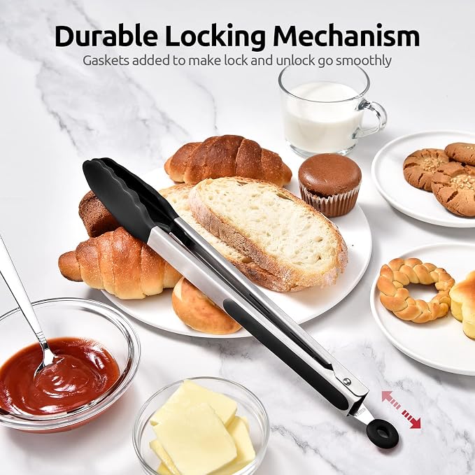 600ºF Heat Resistant Kitchen Tongs: U-Taste 12 inch Large Silicone Cooking Tong with Sturdy Non Stick Rubber Tips & Silicon Coated 18/8 Stainless Steel Handle & Smooth Locking for Serving Grill(Black)