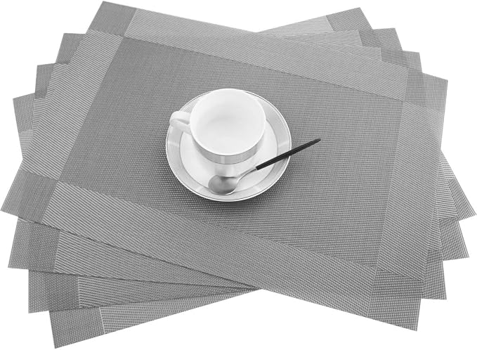 PIGCHCY Placemats Heat-Resistant Non-Slip Table Mats Washable Easy to Clean Woven Vinyl Placemats for Dining Table(Set of 4, Grey)