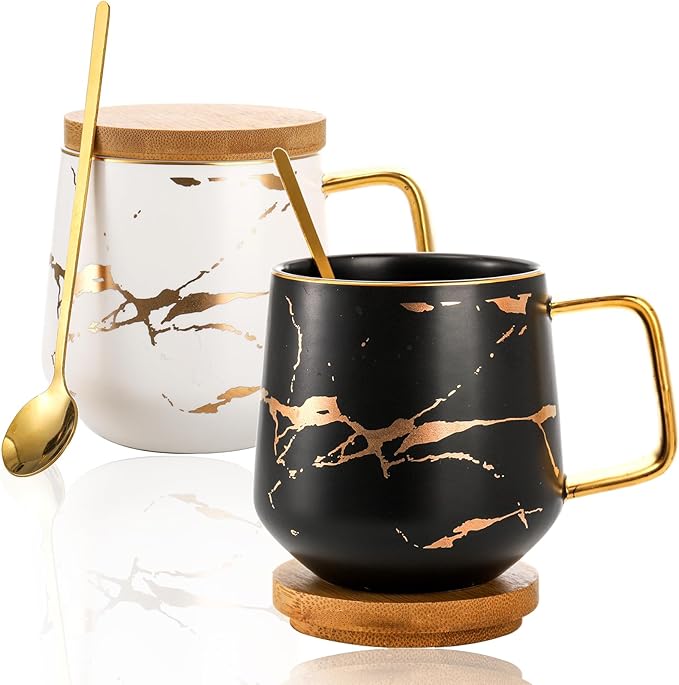Peohud 2 Pack Porcelain Coffee Mugs Set, 14 OZ Marble Coffee Cups with Lid and Spoon, Large Tea Mugs for Latte, Cappuccino, Americano, Coffee Mugs for Couple, Novelty Engagement Gift