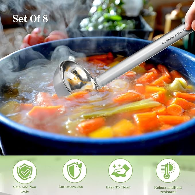 8pcs Stainless Steel Ladle 2 Oz Soup Ladle 10" long Spoon Heavy-Duty Metal Spoon Sets big spoons for cooking Serving Soups, Gravy, Portioning, Stirring