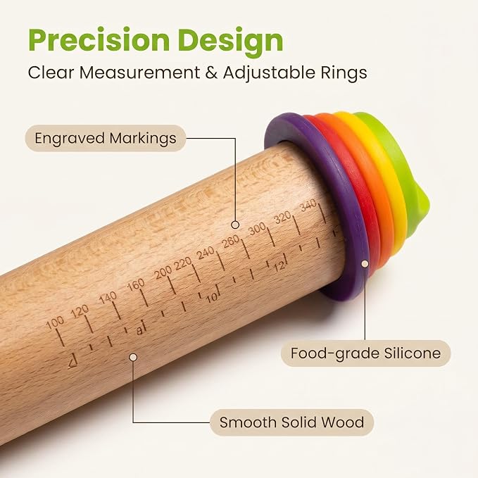 Adjustable Rolling Pin with Thickness Rings, 13.78" Dough Roller with 4 Multicolored Rings,Wooden Rolling Pins for Baking, Bread, Pizza Doughs, Pie Crusts-Home Baking Gift