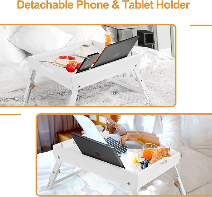 Greenual 2 Pack Bed Tray Table with Handles Folding Legs, Bamboo Breakfast Food Tray with Media Slot, Use As Platter, Laptop Desk, Snack, TV Tray Kitchen Serving Tray(White)