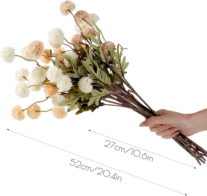 trytuny Fake Fall Flowers for Vase, Faux Silk Kiku Mums, Artificial Pom pom Floral Bouquets Indoor Centerpiece Office Coffee Table Boho Home Decorations (9, Mixed Cream)