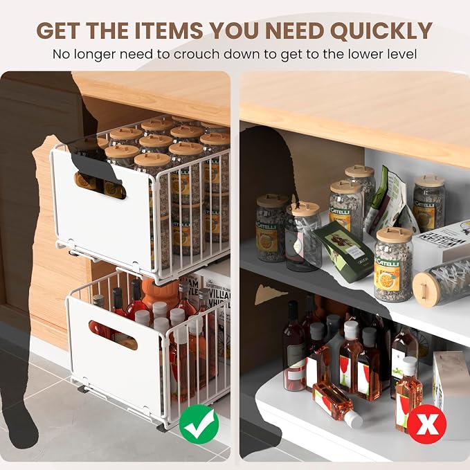 2 Pack Pull Out Cabinet Organizer, Heavy Duty Slide Out Drawer with No Drill Adhesive or Screw Mount, Carbon Steel Roll Out Shelf for Kitchen Cabinet, Pantry & Bathroom Storage
