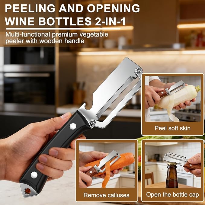 2PCS Multifunctional Vegetable Peeler, 2 in 1 Multi Functional Vegetable Peeler with Bottle Opener and Wooden Handle,Stainless Steel Blade Kitchen Tool for Potato Pumpkin Carrot Veggie Peeler
