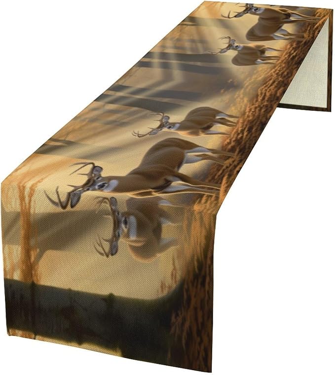 Deer Table Runner, Vintage Rustic Forest Hunting Lodge Elk Animal Table Decor Table Top Dining Kitchen Wedding Party 13x108 in