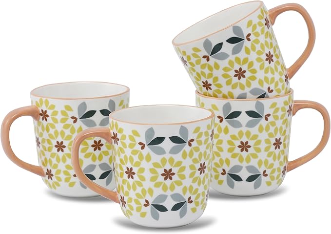 Floral Pattern Ceramic Coffee Mugs, Bone China Tea Cups with Yellow and Gray Design, Taupe Handle, Set of 4