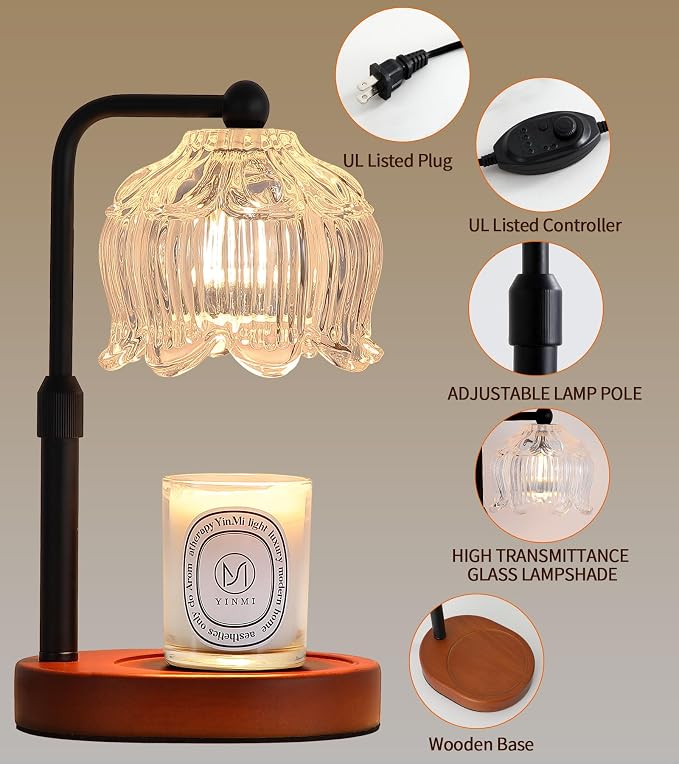 Candle Warmer Lamp for Flower-Shaped Glass,Wax Melt Warmer for Jar Candles, Black Candle Warmer Lamp with Timer Dimmable, Birthday Mother's Day Valentines Gifts for Women Mom Sister Wife Bedroom