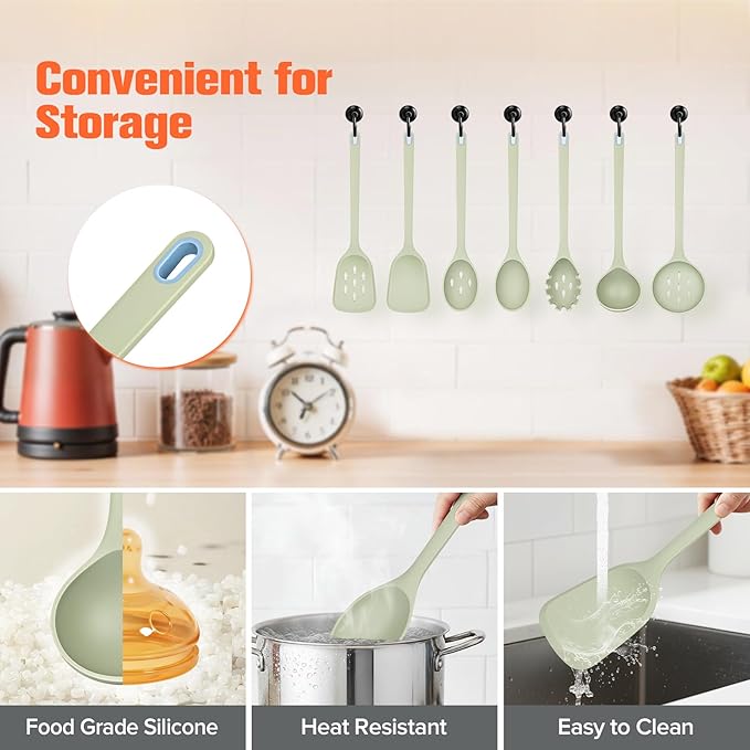 Large Silicone Utensils Set of 7 for Cooking,No Scratch for Nonstick Cookware,Pasta Server,Spaghetti Spoon,Slotted Spoon&Spatula,Solid Spoon&Spatula,Skimmer,Soup Ladle BPA Free Heat Resistant (Green)