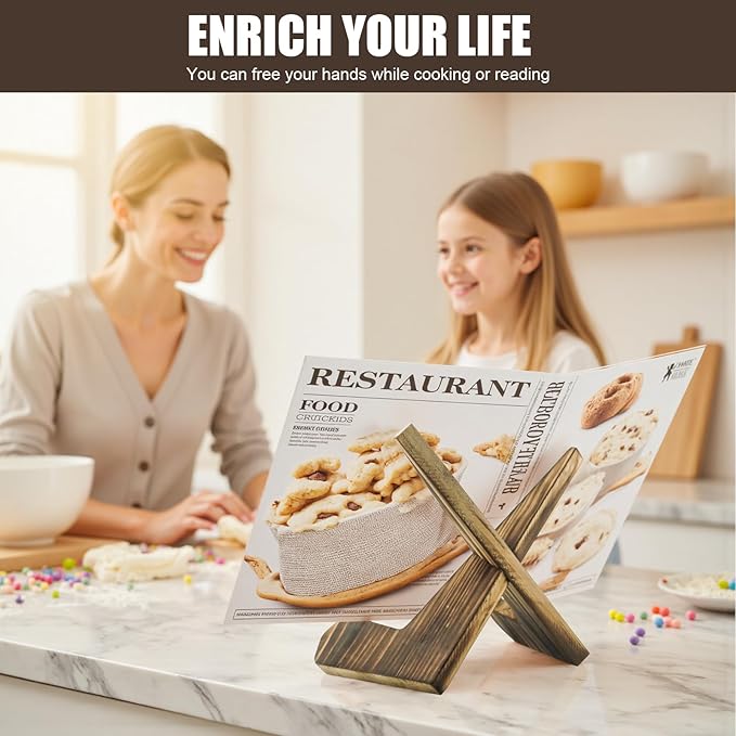 HAOIOKCS Premium Cookbook Stand, The Surface of The Cookbook Holder Features The Natural Grain of Wood, Cook Book Stand for Kitchen Counter, Rustic Brown Recipe Book Holder Stand