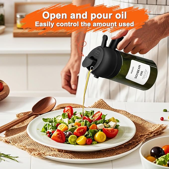 mqnxoi Oil Sprayer for Cooking, 2 in 1 Olive Oil Dispenser Bottle for Kitchen, 16oz/470ml Premium Glass, Food-grade Oil Mister for Air Fryer, Salad, Frying, BBQ (Black + Dark Green Bottle)