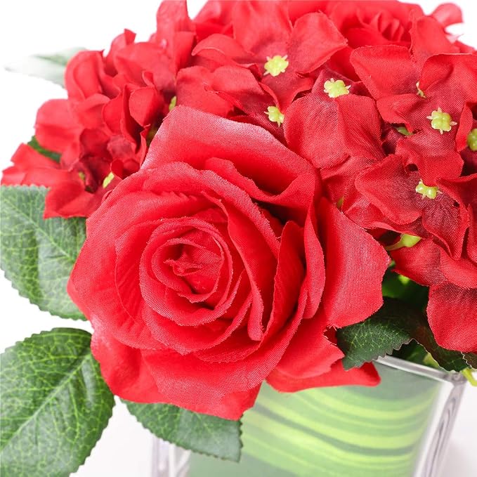 Fule Artificial Silk Rose Flower Centerpiece Arrangement in vase for Home Wedding Decoration (Red)