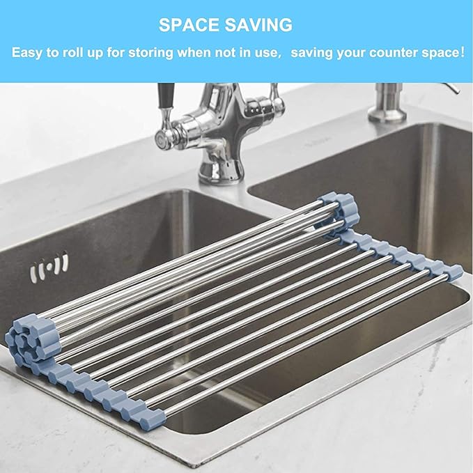 Seropy Roll Up Dish Drying Rack Over Sink Over The Sink Dish Drying Rack Kitchen Dish Drainer, Folding Dish Rack for Kitchen Sink Counter Stainless Steel Mat Foldable Dish Dryer Racks 17.5" x 13.7"