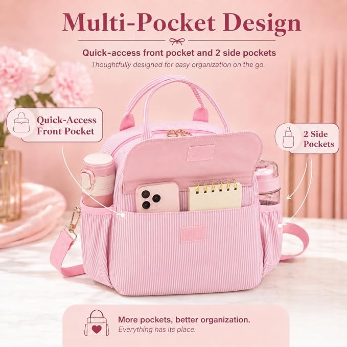 LEDAOU Lunch Box for Women, Insulated Lunch Bag for Women, Cute Small Pink Lunch Tote Bag for Work with Bow, Lunch Purse with Shoulder Strap, Reusable Lunchbox for Office, Teacher, Nurse