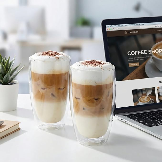 MESNEY 17oz Double Walled Glass Coffee Mugs, Glass Coffee Mugs Set of 48, Insulated Clear Cappuccino Latte Mugs for Home, Cafe & Restaurant, Durable Stackable Drinking Glasses